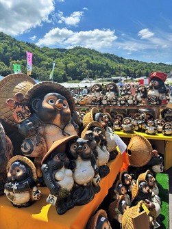 Raccoon dog statues are lined up at a pottery fair in front of Shigaraki Station in Koka, Shiga Prefecture, on May 3, 2024. (Mainichi/Kenichi Isono)