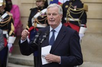 New French prime minister Michel Barnier delivers a speech during the handover ceremony, on Sept. 5, 2024, in Paris. (AP Photo/Michel Euler)  