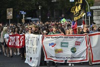 Participants gather to demonstrate in Weimar, Germany, on Sept. 2, 2024, the day after AfD won its state election in Thuringia. (Martin Schutt/dpa via AP)
