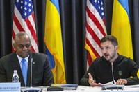 U.S. Defense Secretary Lloyd Austin, left, listens to Ukraine's President Volodymyr Zelenskyy during a meeting at Ramstein Air Base in Germany, on Sept. 6, 2024. (Andreas Arnold/dpa via AP)