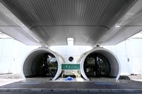 The entrance doors resembling an airplane's jet engines are seen at the "Seinen no Shiro" youth training facility in Ryuo, Shiga Prefecture, on July 5, 2024. (Mainichi/Takao Kitamura)