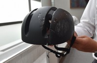 The helmet the woman was wearing at the time of her accident. The collision left cracks in the helmet at the front and back. (Mainichi/Shohei Kato)