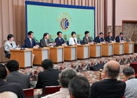 Candidates for the Liberal Democratic Party (LDP) presidential race are seen ahead of a debate at the Japan National Press Club in Tokyo's Chiyoda Ward on Sept. 14, 2024. From left, economic security minister Sanae Takaichi, former economic security minister Takayuki Kobayashi, Chief Cabinet Secretary Yoshimasa Hayashi, former environment minister Shinjiro Koizumi, Foreign Minister Yoko Kamikawa, former Chief Cabinet Secretary Katsunobu Kato, Digital Minister Taro Kono, former LDP Secretary-General Shigeru Ishiba and LDP Secretary-General Toshimitsu Motegi. (Mainichi/Koichiro Tezuka)