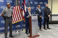 Republican Ohio Gov. Mike DeWine holds a news conference, on Sept. 16, 2024, at city hall in Springfield, Ohio, (AP Photo/Patrick Aftoora Orsagos)