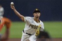 San Diego Padres starting pitcher Yu Darvish works against a Houston Astros batter during the first inning of a baseball game on Sept. 16, 2024, in San Diego. (AP Photo/Gregory Bull)