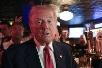 Republican presidential nominee former President Donald Trump makes a campaign stop at Pubkey Bar and Media House in New York on Sept.18, 2024. (AP Photo/Alex Brandon)