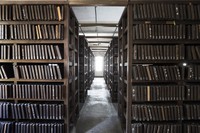 Shelves full of woodblocks are seen at the Onko Academic Society hall in Tokyo's Shibuya Ward on Nov. 26, 2021. About 10,000 woodblocks from the "Gunsho Ruiju" collection are stored in the first-floor warehouse. They came to life when photographed with long exposures in the dim space. (Mainichi/Akihiro Ogomori)=Click/tap photo for more images.
