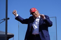 Republican presidential nominee former President Donald Trump dances after speaking at a campaign rally at Wilmington International Airport, on Sept. 21, 2024, in Wilmington, N.C. (AP Photo/Alex Brandon)