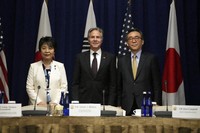 U.S. Secretary of State Antony Blinken, center, meets with Japanese Foreign Minister Yoko Kamikawa, left, and Republic of Korea Foreign Minister Cho Tae-yul, right, in New York, on Sept. 23, 2024. (Bryan R. Smith/Pool Photo via AP)