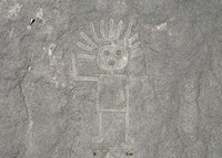 A newly discovered geoglyph thought to be of a human is seen in Peru's Nazca Desert in this aerial photo. The shape is emphasized with added lines. (Photo courtesy of the Yamagata University Institute of Nasca)