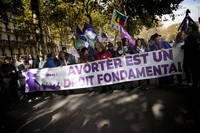 Demonstrators hold a banner reading: Abortion is a fundamental right, as they march in support of the right to abortion for women across the world, in Paris, on Sept. 28, 2024. (AP Photo/Christophe Ena)