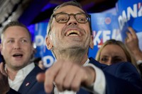 Herbert Kickl, leader of the Freedom Party of Austria, waves to supporters in Vienna, Austria, on Sept. 29, 2024, after polls closed in the country's national election. (AP Photo/Andreea Alexandru)