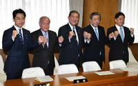 New executive members of the ruling Liberal Democratic Party (LDP) are seen in Tokyo's Chiyoda Ward on Sept. 30, 2024. From left are the party's Election Strategy Committee Chairperson Shinjiro Koizumi, General Council Chairperson Shunichi Suzuki, President Shigeru Ishiba, Secretary-General Hiroshi Moriyama and policy chief Itsunori Onodera. (Mainichi/Naoki Watanabe)