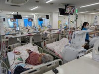 This photo provided by Nobeoka Clinic shows patients on dialysis at the clinic in the city of Nobeoka, Miyazaki Prefecture. 