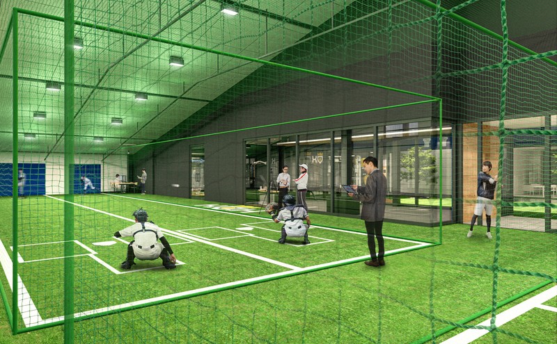 施設のブルペンの完成予想図。機器を使えば、投げたボールの回転数や回転軸の角度も計測できるという＝K.O.H提供