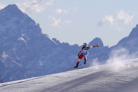 Switzerland's Priska Nufer speeds down the course during an alpine ski, women's World Cup downhill training session, in Cortina d'Ampezzo, Italy, Jan. 21, 2022. (AP Photo/Alessandro Trovati, File)