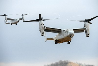 2023年の日米共同訓練「アイアン・フィスト」に参加した米海兵隊のMV22オスプレイ＝大分県の陸上自衛隊日出生台演習場で同年2月18日午後2時20分、津村豊和撮影