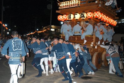 潮来祇園祭礼で山車を「の」の字に思い切り引く人たち。茨城県の指定無形民俗文化財「潮来ばやし」が鳴り響く＝茨城県潮来市で2024年8月2日午後、山下貴史撮影