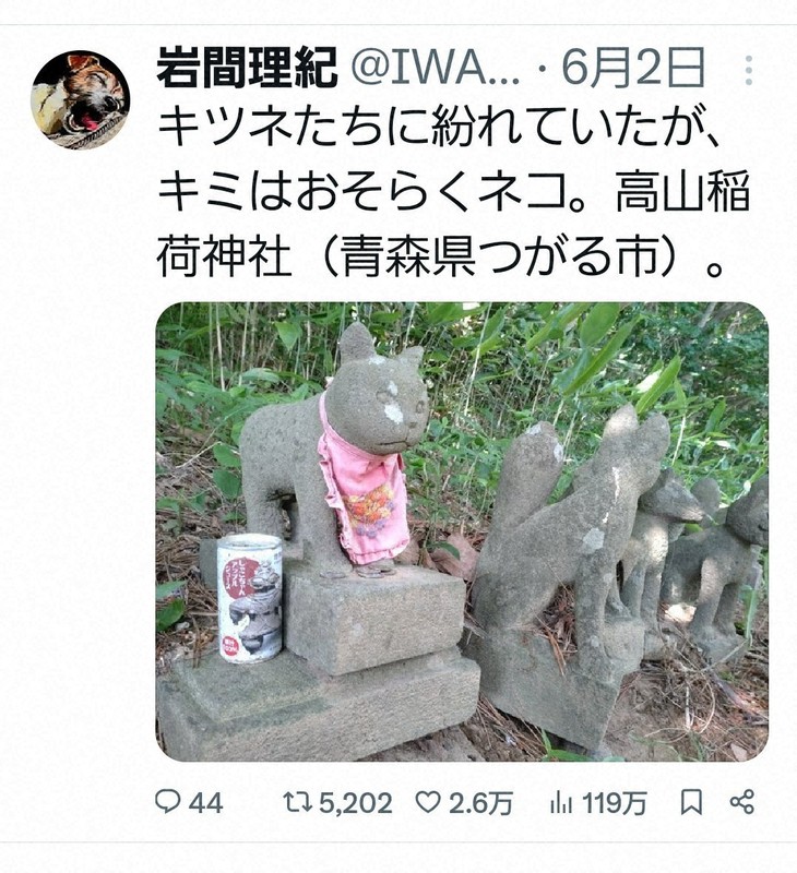 千万両猫 石像 青森県つがる市・高山稲荷神社の猫石像を再撮影した。立ち姿の石像は