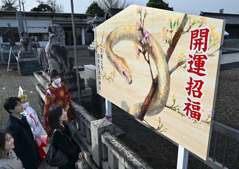 大きなヘビの絵馬をお披露目 学生がデザイン担当 山形県護国神社