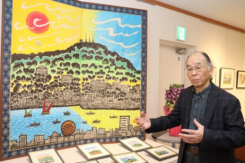 小崎 侃／長崎の水 木版画手彩 掛軸桐箱入
