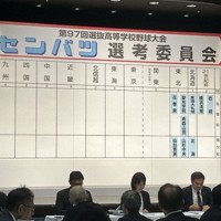 第97回選抜高校野球大会出場が決まった東北地区の学校名を張り出したボード＝大阪市北区の毎日新聞大阪本社オーバルホールで2025年1月24日、青木勝彦撮影