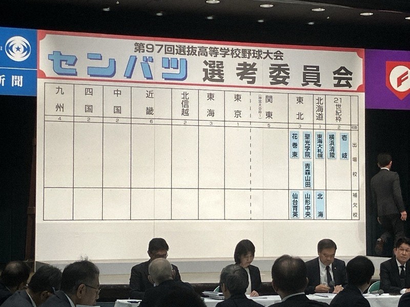 第97回選抜高校野球大会出場が決まった東北地区の学校名を張り出したボード＝大阪市北区の毎日新聞大阪本社オーバルホールで2025年1月24日、青木勝彦撮影