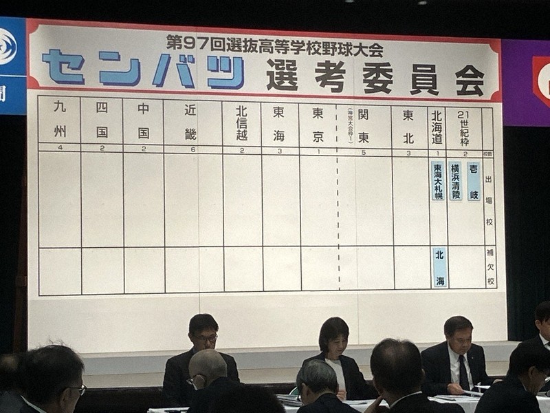 第97回選抜高校野球大会出場が決まった北海道の学校名を張り出したボード＝大阪市北区の毎日新聞大阪本社オーバルホールで2025年1月24日、青木勝彦撮影