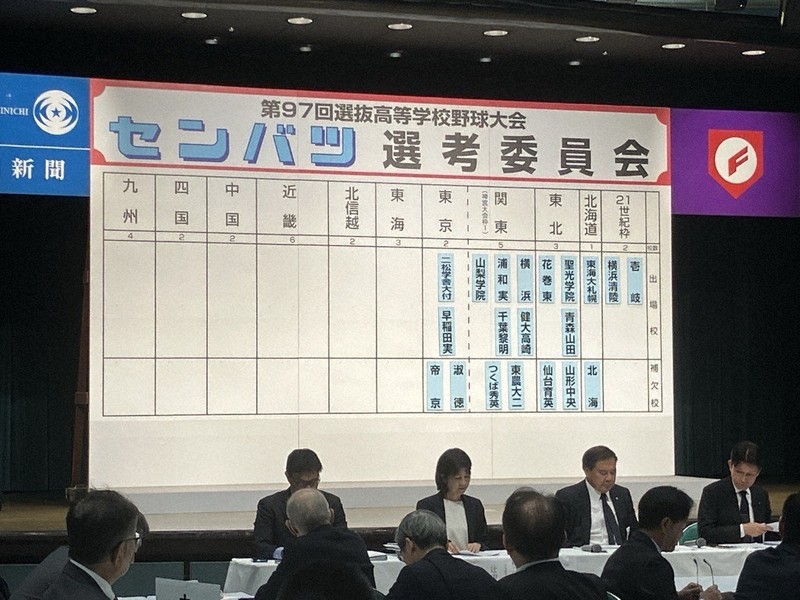 第97回選抜高校野球大会への出場が決まった関東・東京地区の学校名を張り出したボード＝大阪市北区の毎日新聞大阪本社オーバルホールで2025年1月24日、青木勝彦撮影
