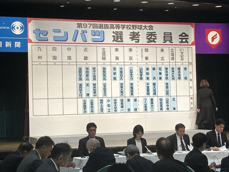 第97回選抜高校野球大会への出場が決まった近畿地区の学校名を張り出したボード＝大阪市北区の毎日新聞大阪本社オーバルホールで2025年1月24日、青木勝彦撮影