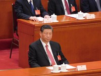 中国の習近平国家主席＝北京市の人民大会堂で2024年3月11日、岡崎英遠撮影