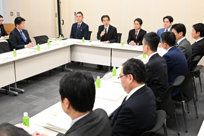 選挙制度に関する与野党協議の会合で、発言する自民党の逢沢一郎氏（奥左から2人目）＝衆院第2議員会館で2025年2月14日午後4時2分、平田明浩撮影