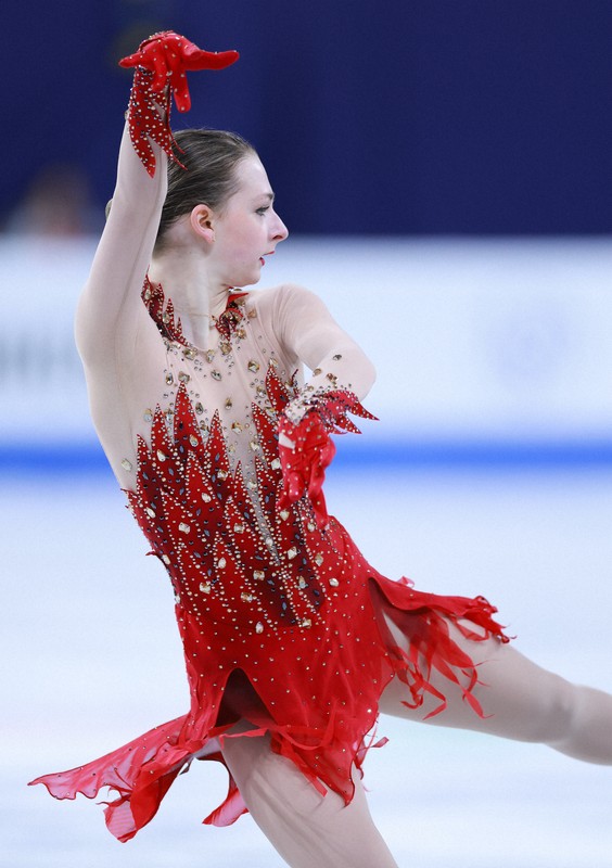 女子フリーで演技する米国のサラ・エバーハード＝ソウルで2025年2月23日、猪飼健史撮影