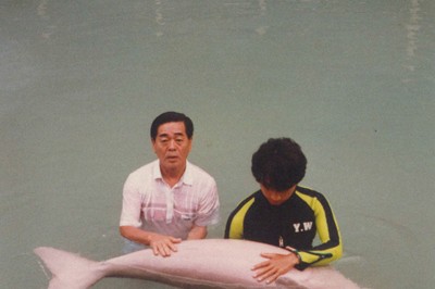 フィリピンで服を着たまま海に入ってセレナとふれあう中村幸昭さん（左）＝家族提供