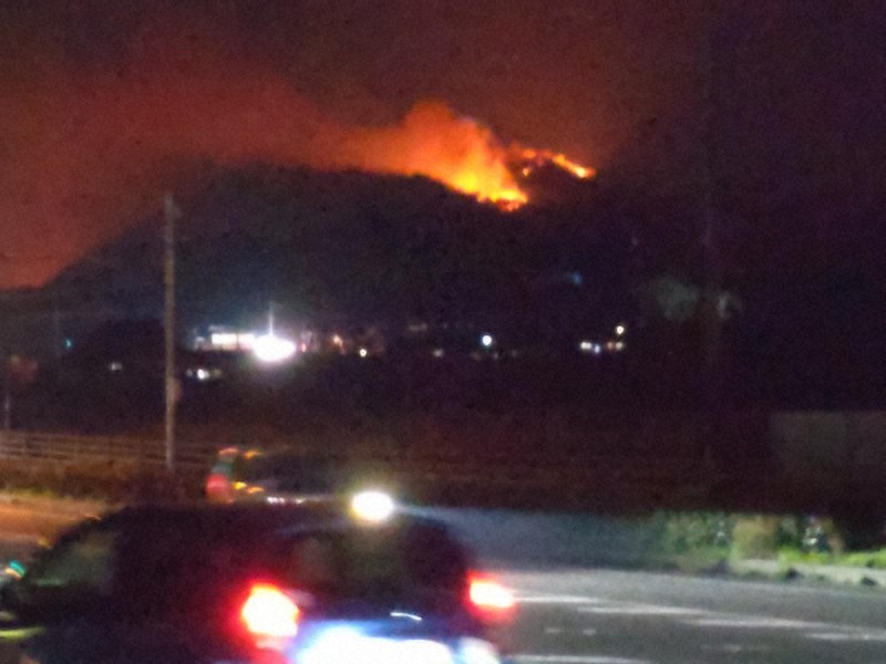 愛媛県今治市の山火事では、夜になっても炎が上がる様子が国道からも見えた＝今治市内で2025年3月23日午後8時半、松倉展人撮影