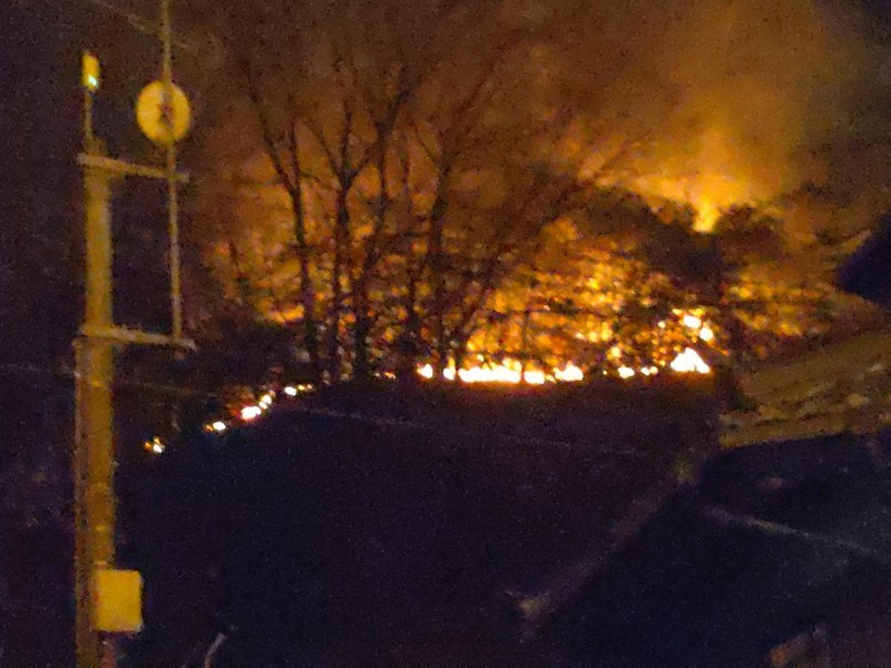 愛媛県今治市の山火事では、夜になっても炎が上がる様子が見えた＝同市長沢の道の駅「今治湯ノ浦温泉」で2025年3月23日午後8時10分、松倉展人撮影