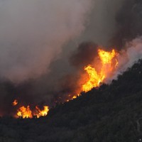 　激しく燃え上がる、岡山県内の山林火災現場＝岡山市南区と玉野市の境界付近で2025年3月25日午後5時57分、本社ヘリから