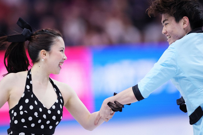 アイスダンスRDで演技する吉田唄菜、森田真沙也組＝米ボストンで2025年3月28日、吉田航太撮影