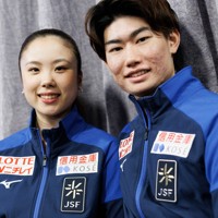 世界選手権を終え、思いを語った吉田唄菜、森田真沙也組＝米ボストンで2025年3月30日、吉田航太撮影