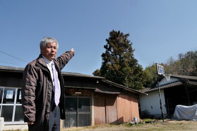 「杉の木の上あたりを飛んでいった」。自宅の庭で、2月にオスプレイを目撃した方向を指さす馬場功世さん＝熊本県菊陽町道明地区で2025年3月9日午前10時56分、中村敦茂撮影