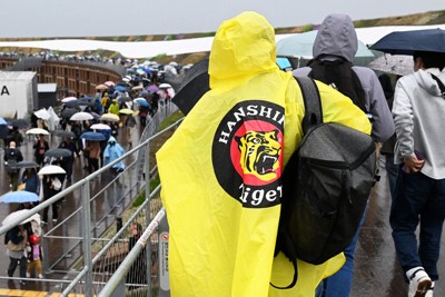 大屋根リング上でひときわ目を引く阪神タイガースの雨がっぱ＝大阪市此花区で2025年4月13日、大西岳彦撮影
