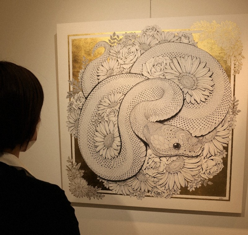 細密タッチ ボールペン絵画 爬虫類・両生類中心に50点 アーティスト