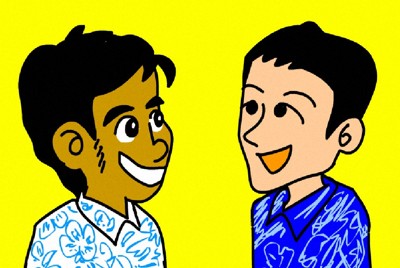 沖縄の漫画家、ももココロさんが描いた2人の似顔絵。左が宮城裕也記者、右が佐藤敬一統括社会部長