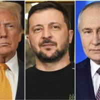左から、トランプ米大統領、ウクライナのゼレンスキー大統領、プーチン露大統領＝AP