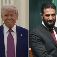トランプ米大統領（左）とシリアのシャラア暫定大統領＝AP
