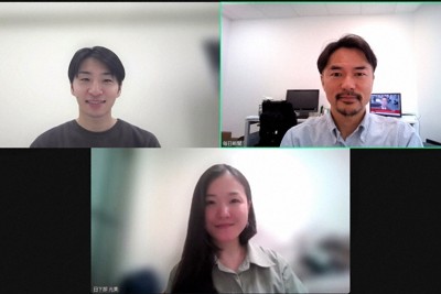 ポッドキャスト「今夜、BluePostで」の福永方人（右上）、日下部元美（下）の両パーソナリティーと運営スタッフの高良昂佑＝収録画面のスクリーンショット