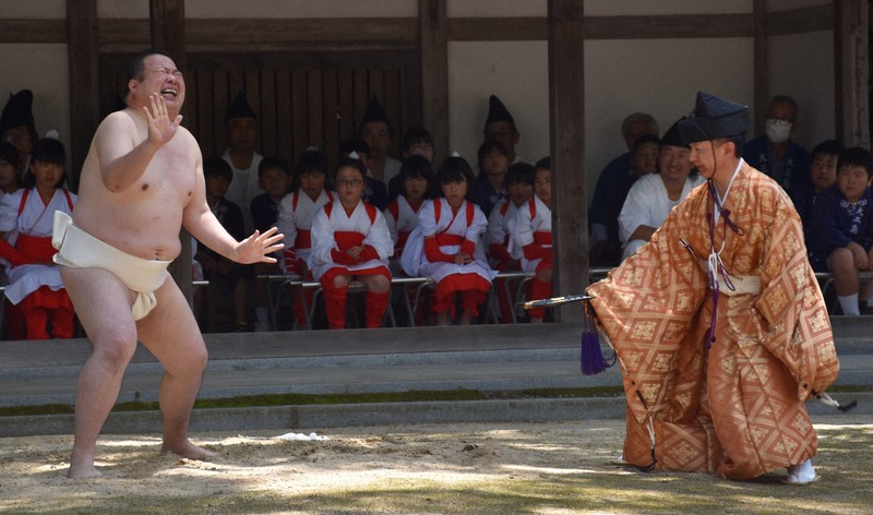 豊作祈願の「御田植祭」 稲の精霊と力士の相撲も 愛媛・大三島 | 毎日新聞