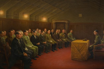 1945年8月14日に会議室で開かれた御前会議の模様＝洋画家の白川一郎氏の「最後の御前会議」（鈴木貫太郎記念館提供）