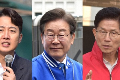 韓国大統領選に出馬している（右から）金文洙氏、李在明氏、李俊錫氏＝ソウル市で、福岡静哉撮影