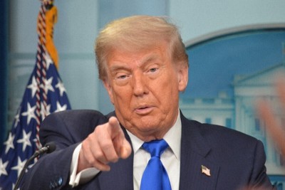 記者会見するトランプ米大統領＝ホワイトハウスで6月27日、西田進一郎撮影